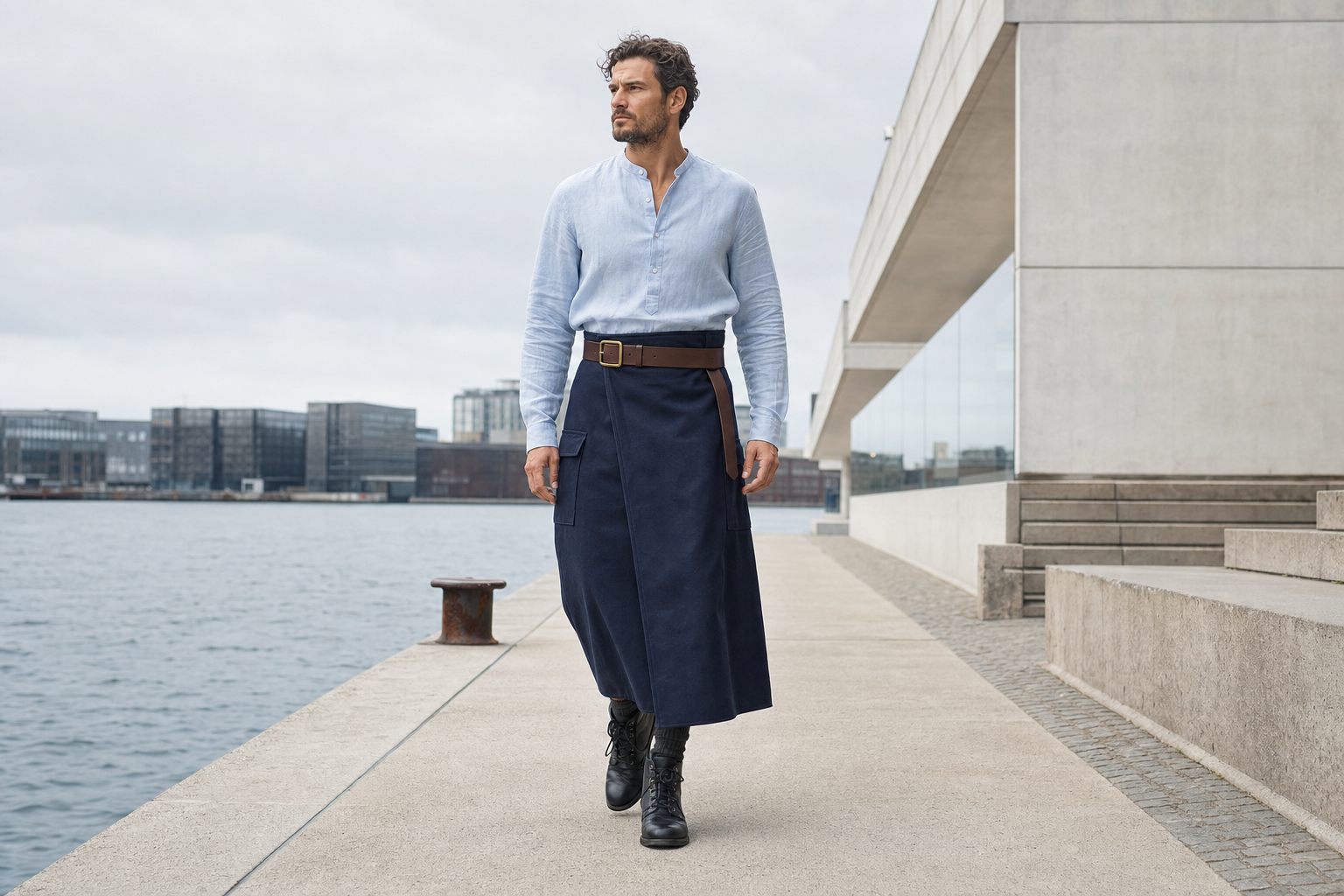 Homme à Copenhague avec large ceinture de cuir et longue jupe portefeuille navy.