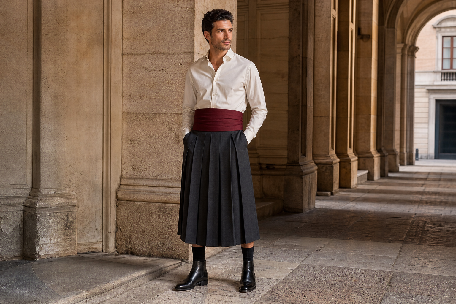 Homme à Milan avec cummerbund oxblood et longue jupe plissée charbon.