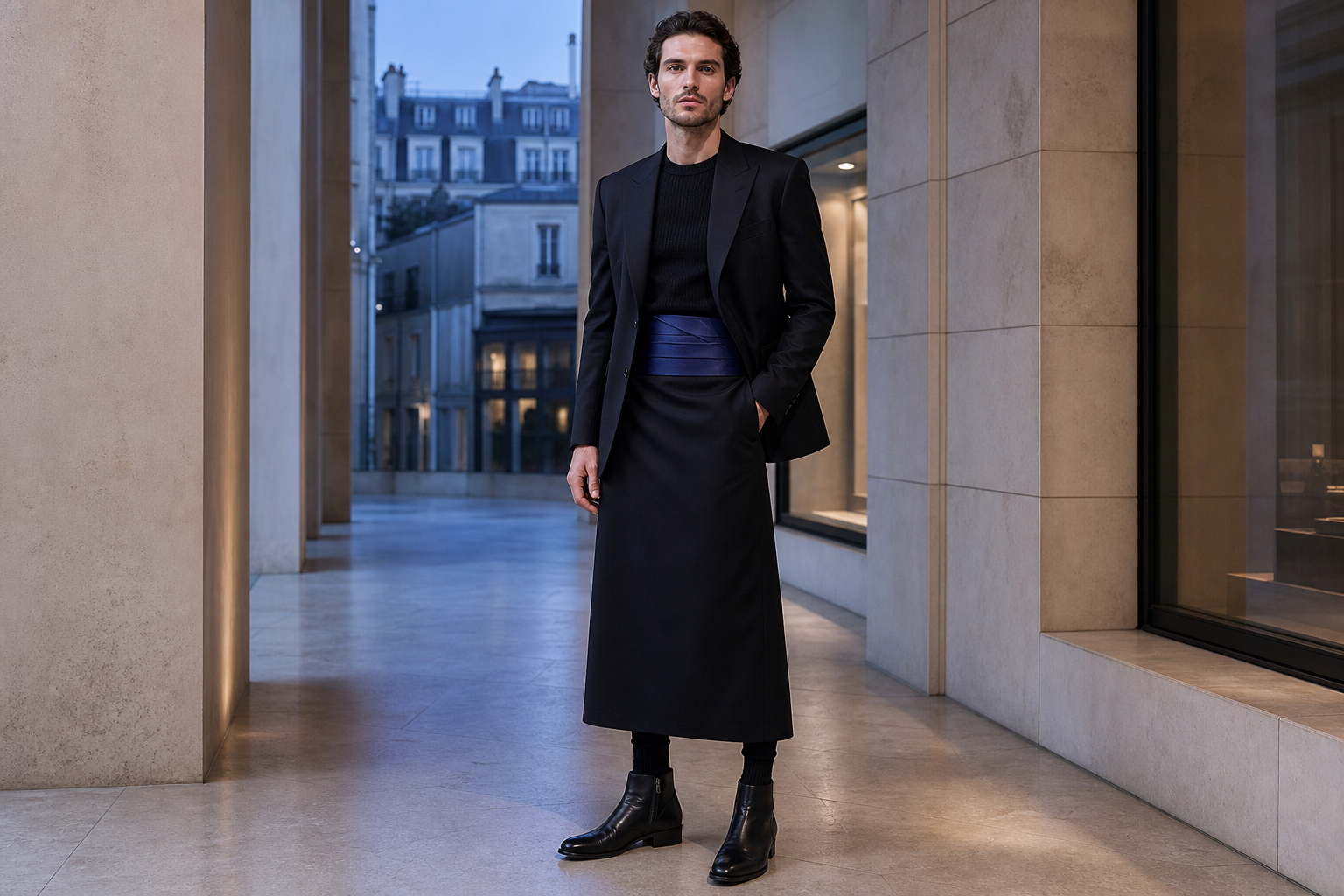 Homme à Paris avec cummerbund cobalt, veste noire et longue jupe noire.