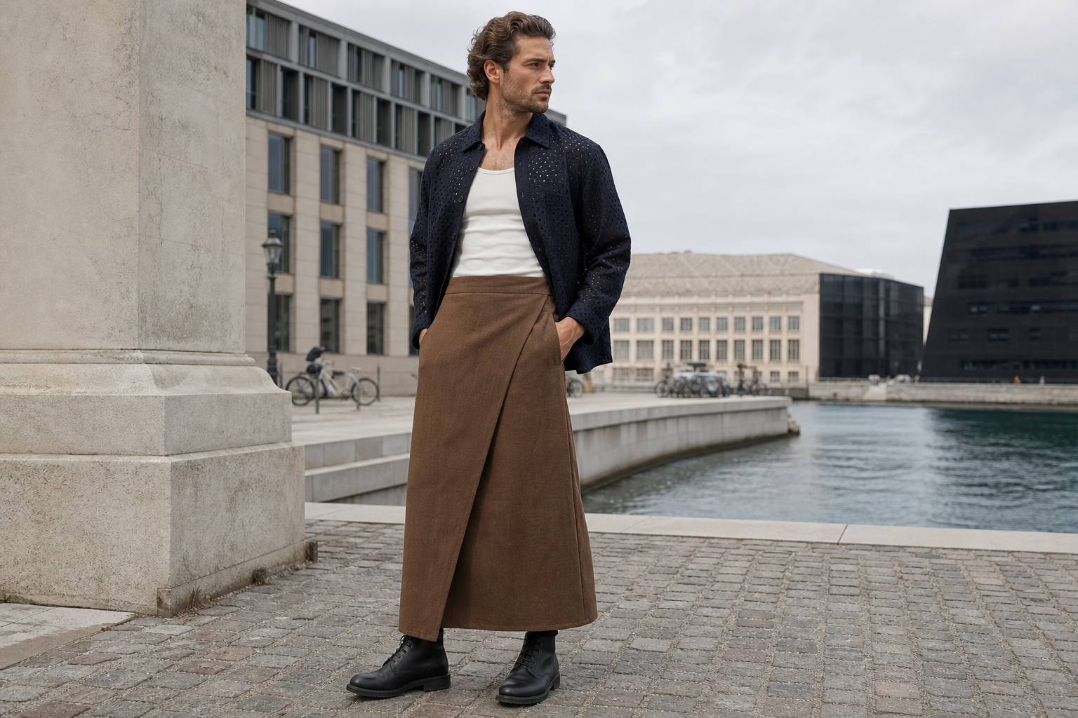 Homme à Copenhague en chemise navy ajourée et longue jupe portefeuille tabac.