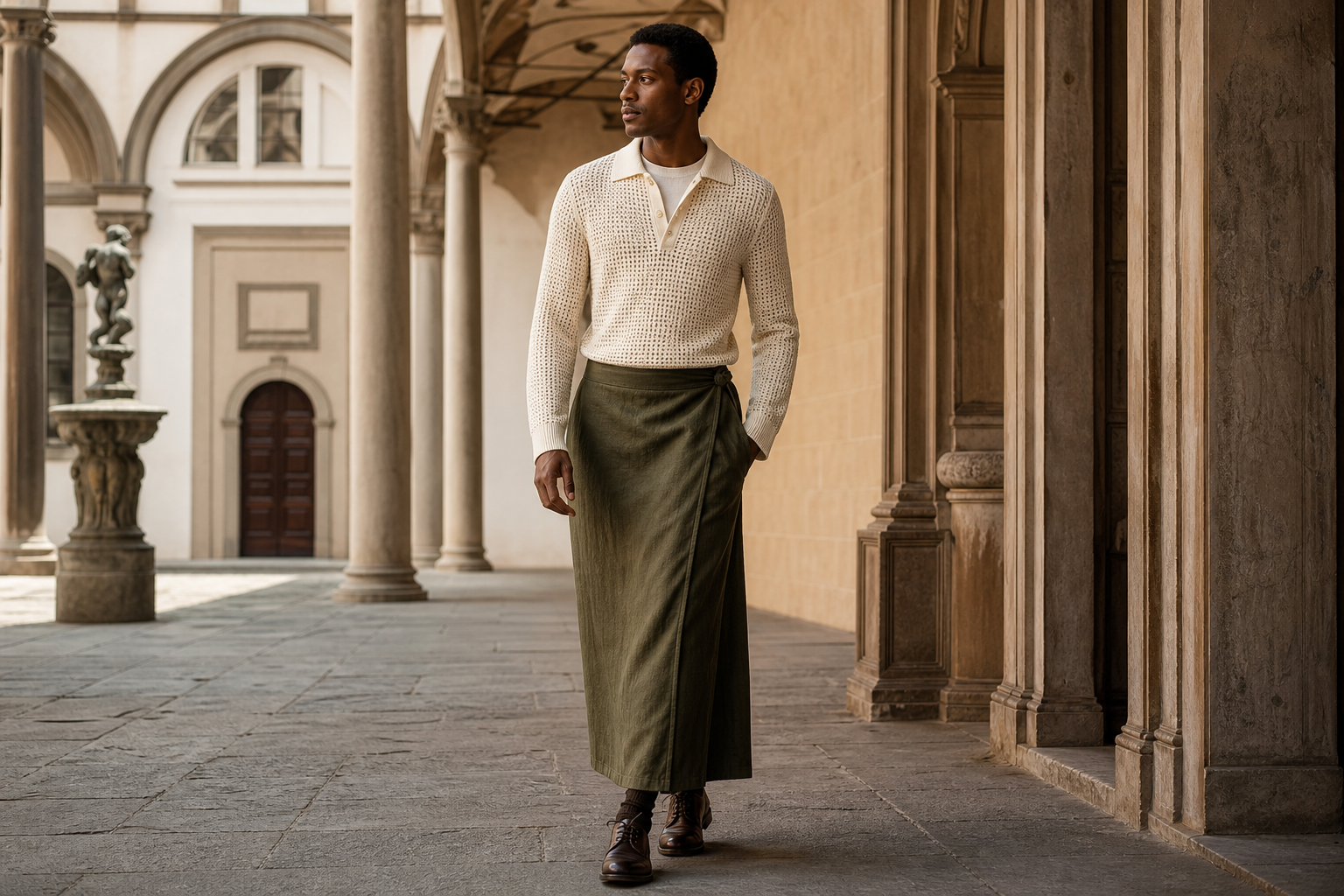 Homme à Florence en maille écrue ajourée et longue jupe de lin olive.