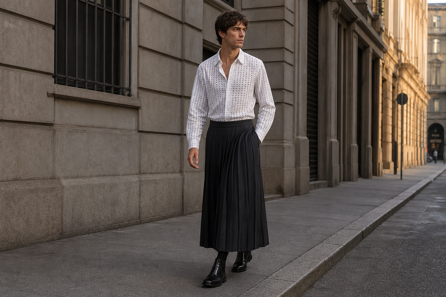 Homme à Milan en chemise blanche ajourée et longue jupe plissée charbon.
