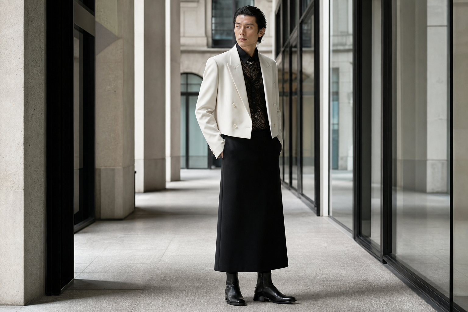 Homme à Paris en chemise de dentelle noire, blazer ivoire et longue jupe noire.
