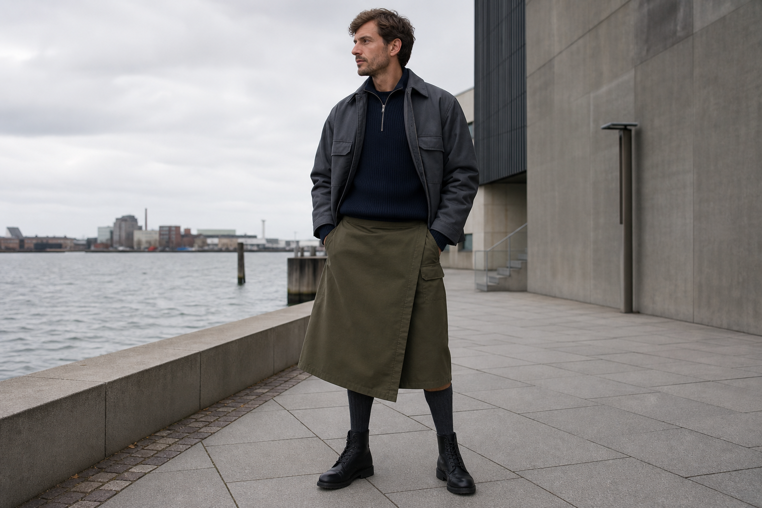 Mann in Kopenhagen mit kurzem Overshirt und olivfarbenem Utility-Wickelkilt.