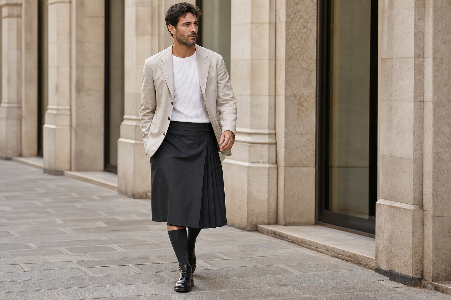 Mann in Mailand mit steinfarbenem Blazer und anthrazitfarbenem City-Kilt unter dem Knie.