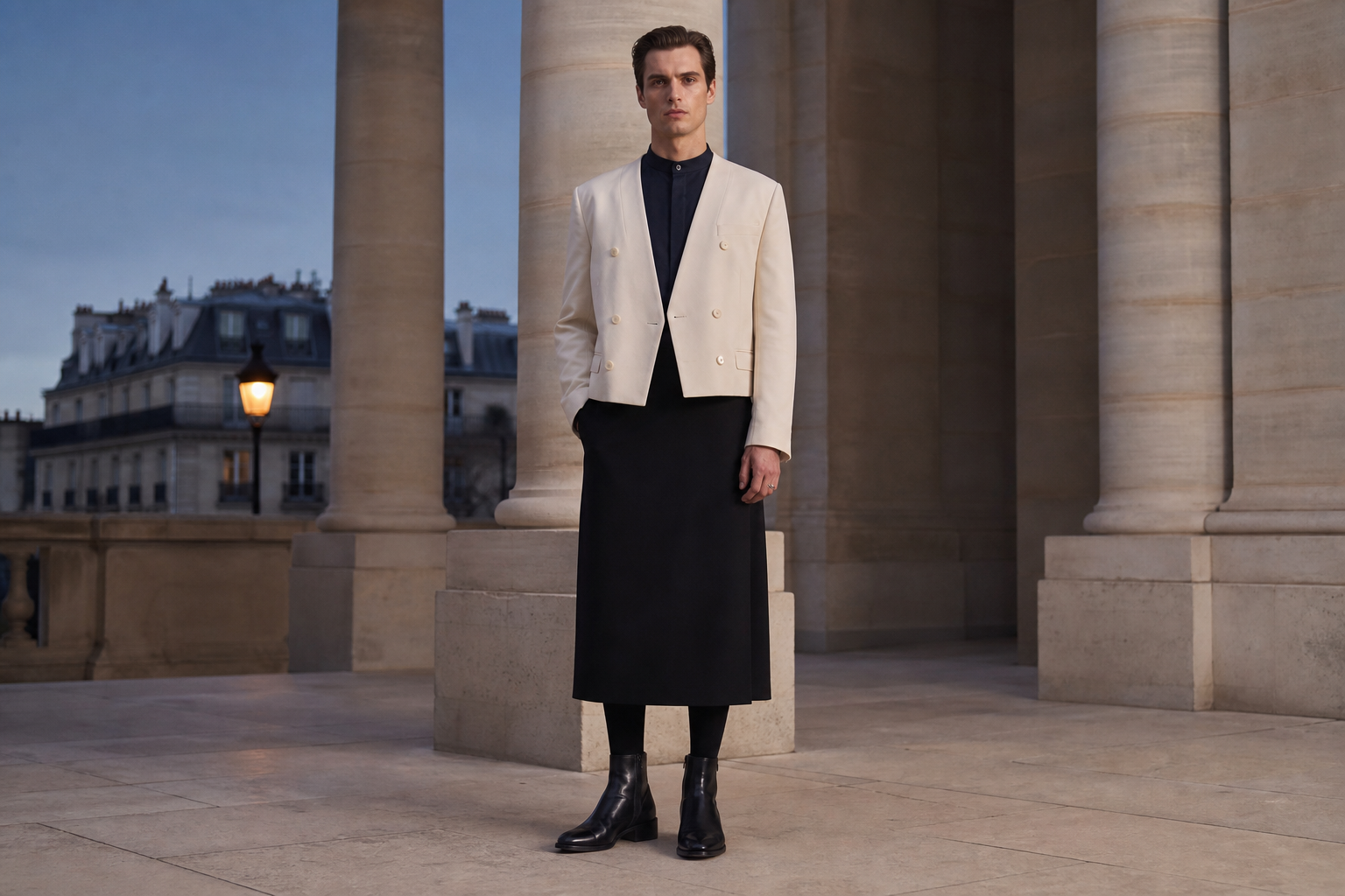 Mann in Paris mit kurzer elfenbeinfarbener Jacke und schwarzem Säulenrock.
