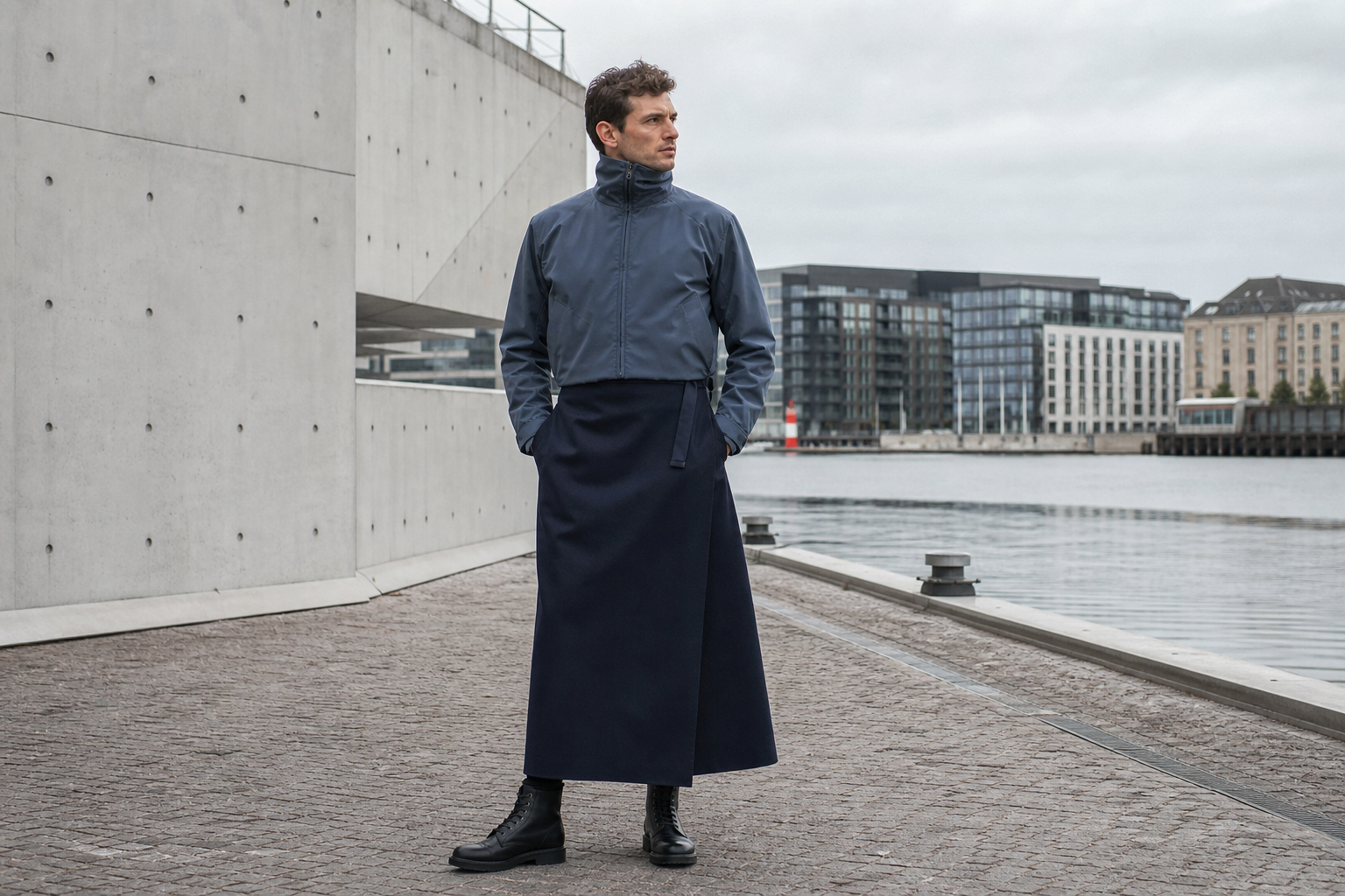 Uomo a Copenaghen con funnel neck alto e lunga gonna wrap navy.
