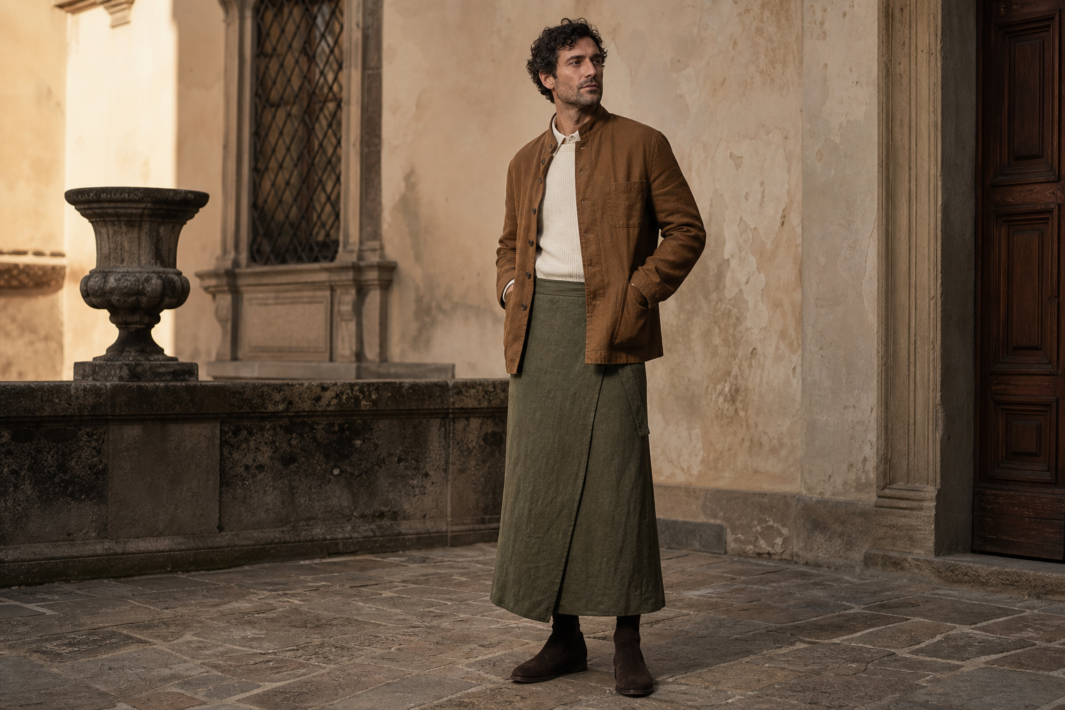 Uomo a Firenze con giacca tabacco band collar e lunga gonna in lino oliva.