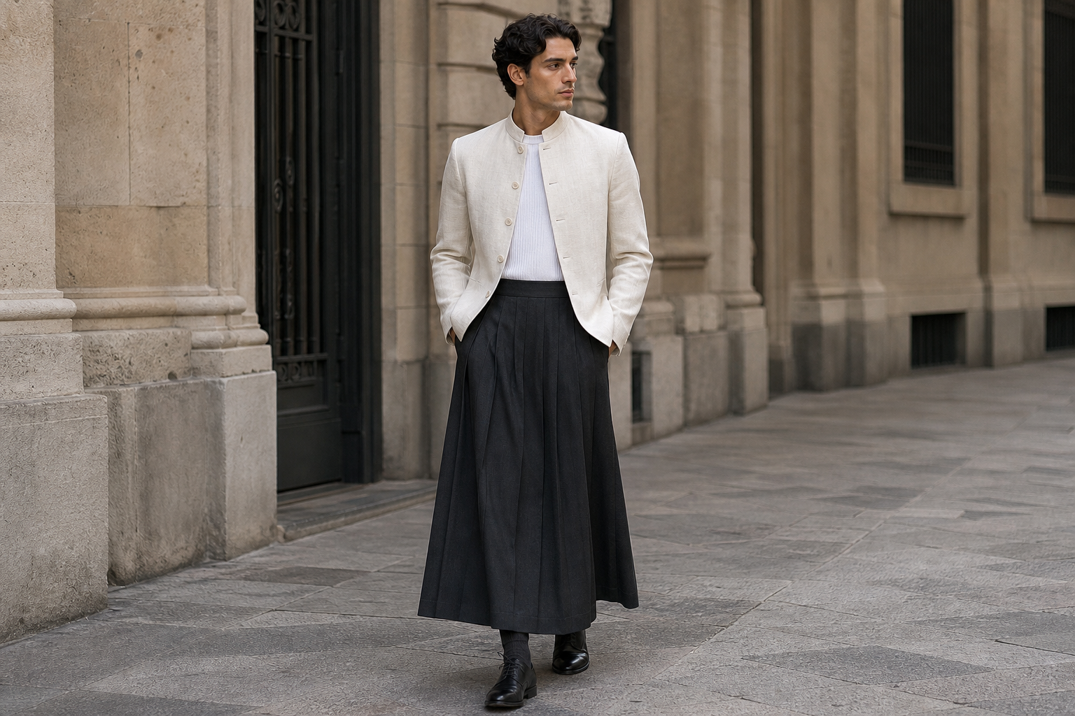 Uomo a Milano con giacca avorio band collar e lunga gonna plissettata carbone.