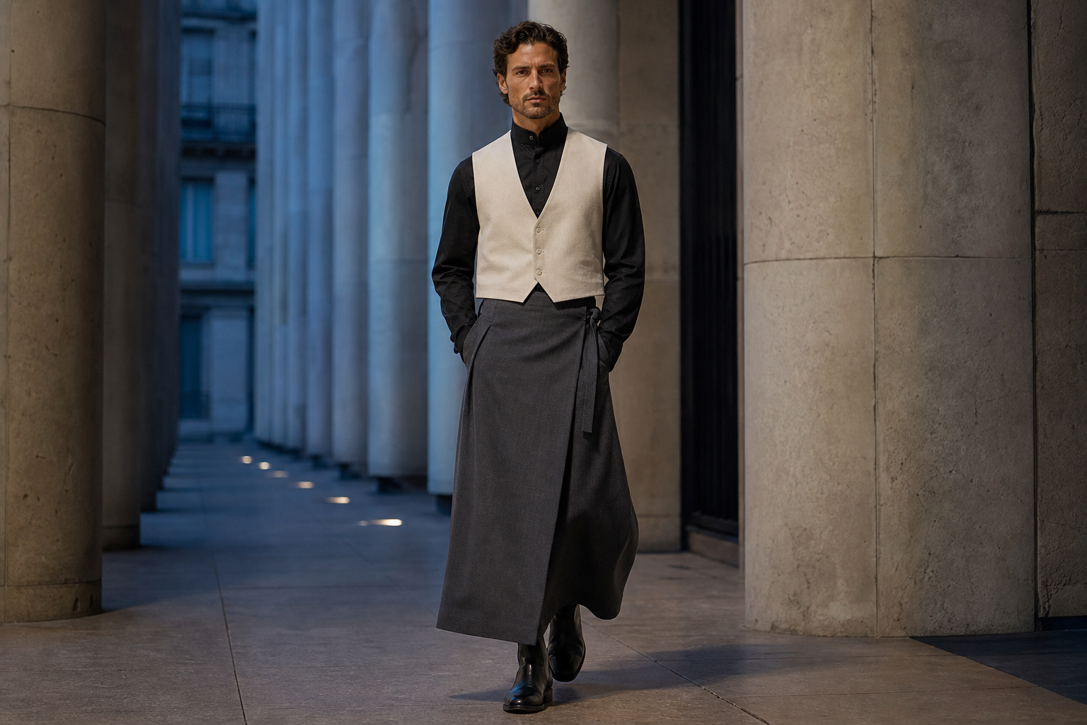 Uomo a Parigi con camicia nera a collo alto, gilet avorio e lunga gonna grigia.