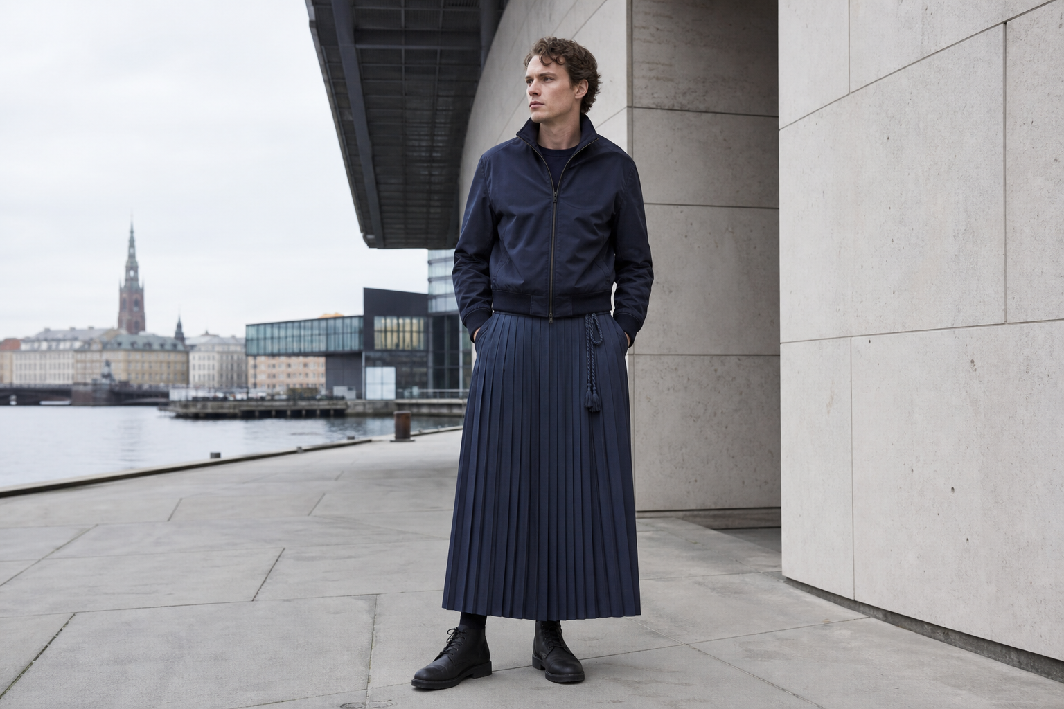 Silhouette de Copenhague en jupe homme plissée marine avec cordon à pompons.