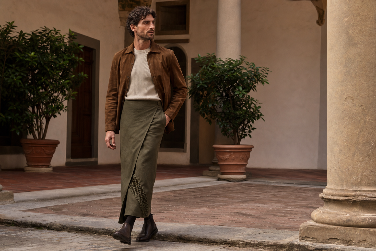 Silhouette florentine en jupe homme portefeuille olive avec empiècement macramé.