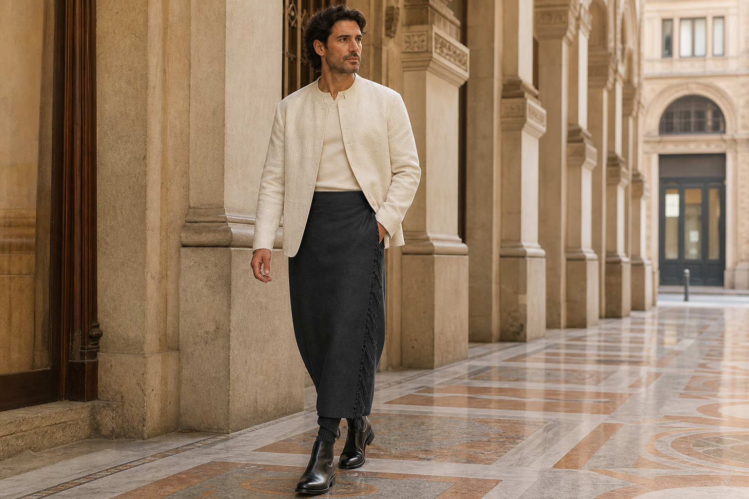 Silhouette milanaise en jupe homme avec étroite frange latérale.