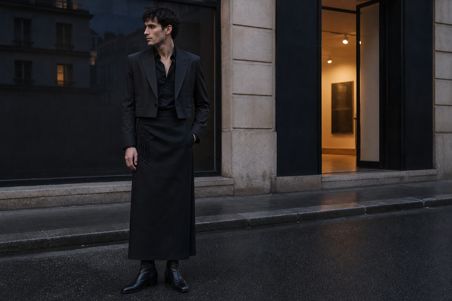 Tenue du soir parisienne en jupe longue homme noire avec frange perlée.