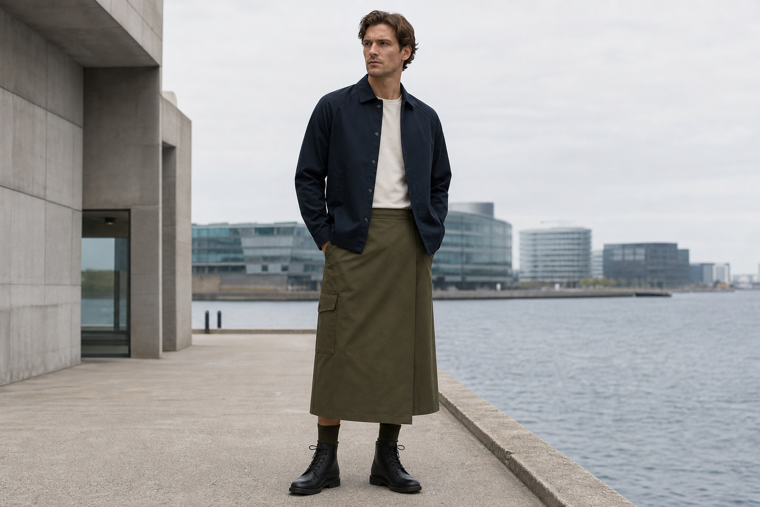 Homme à Copenhague en veste raglan ink et longue jupe portefeuille olive.