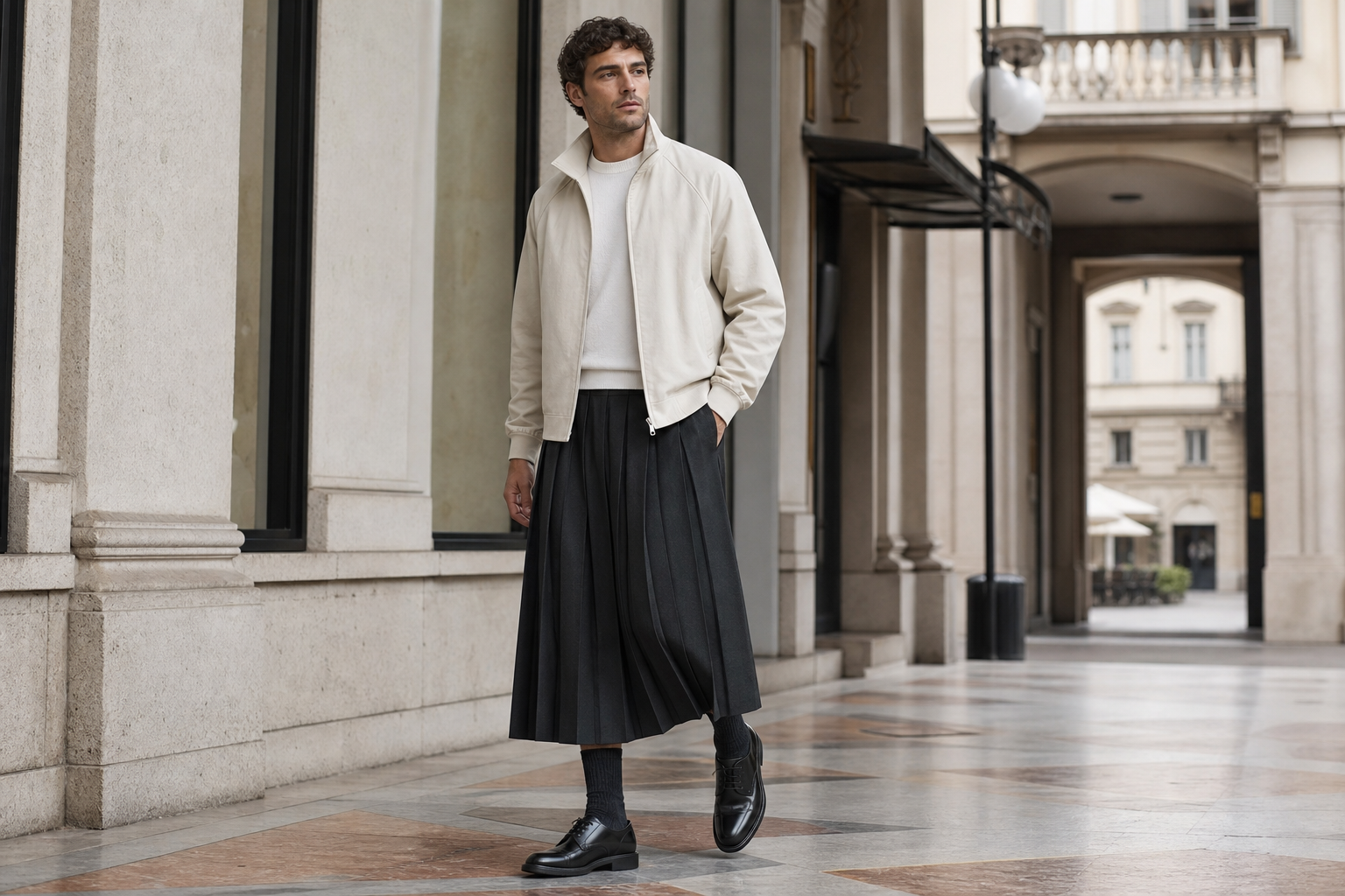 Homme à Milan en blouson raglan clair et longue jupe plissée charbon.