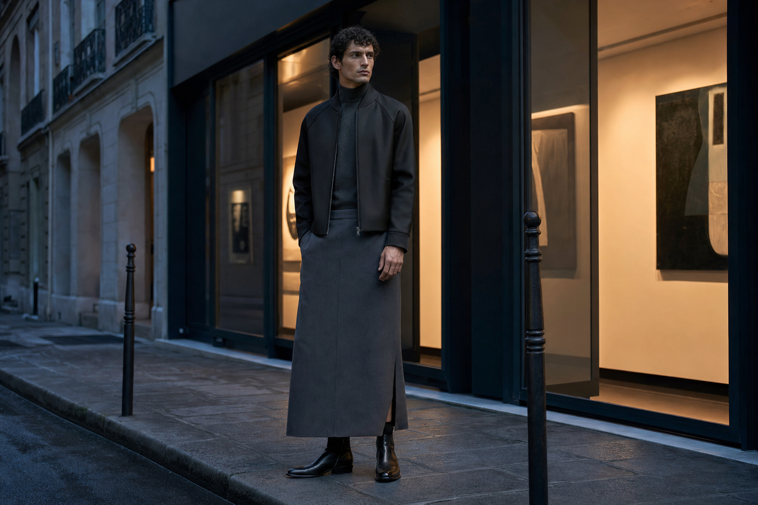 Homme à Paris en veste raglan noire et longue jupe colonne ardoise.