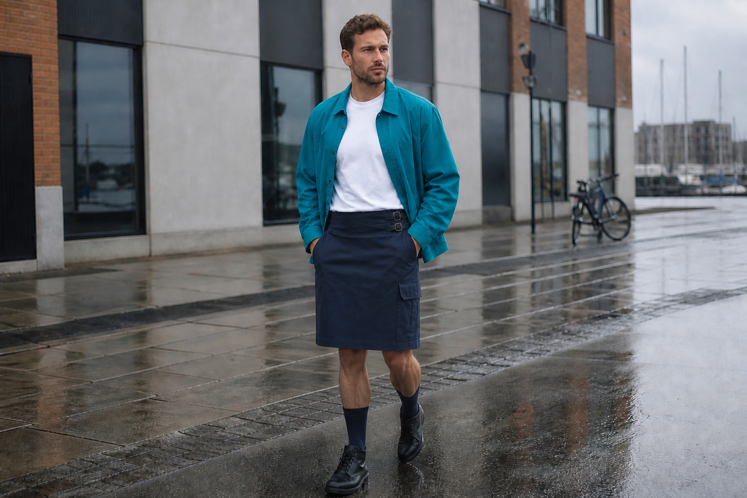 Uomo a Copenaghen con overshirt turchese e kilt utility navy al ginocchio.