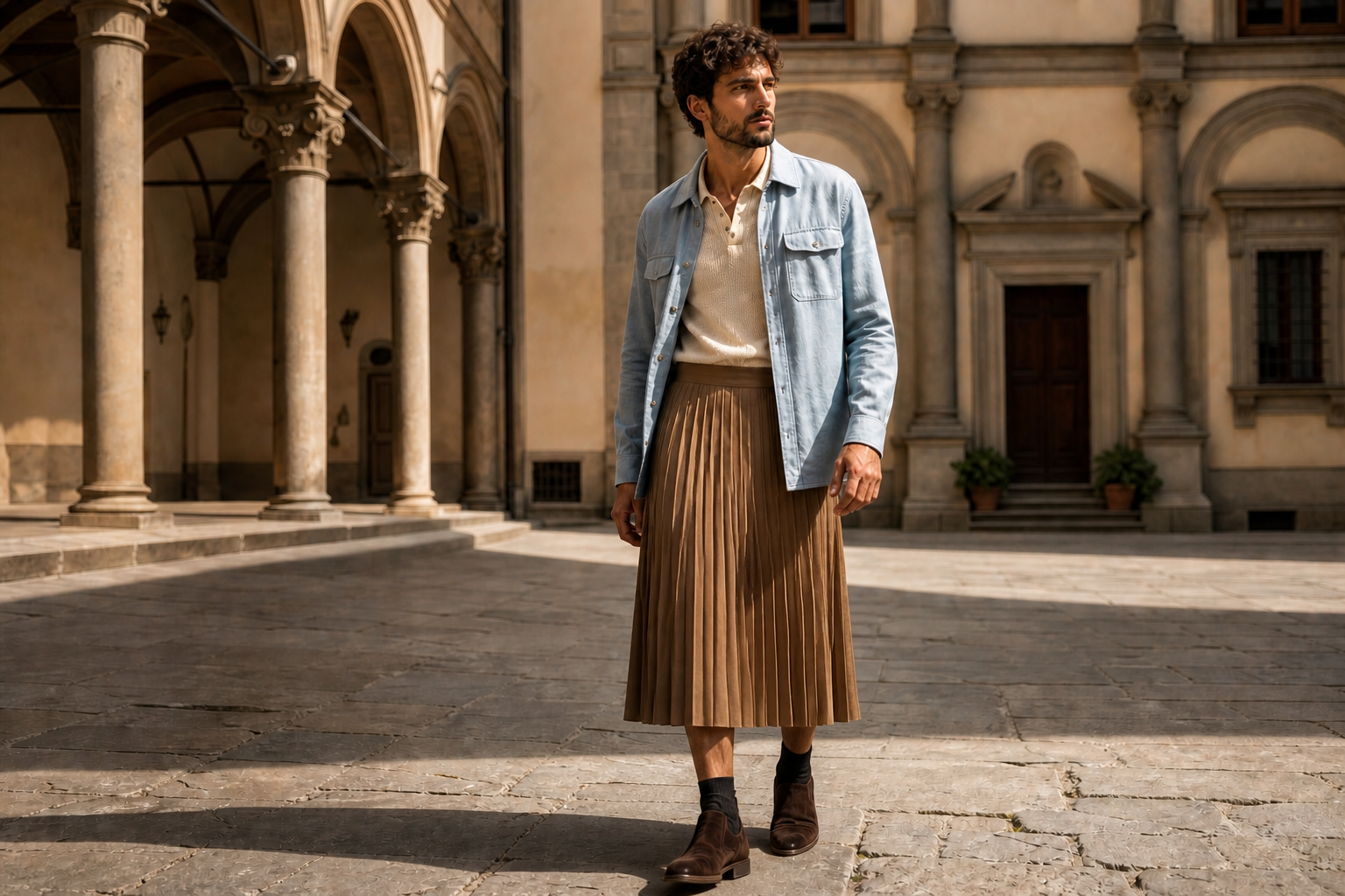 Uomo a Firenze con overshirt di lino azzurro polvere e gonna midi plissettata color sabbia.