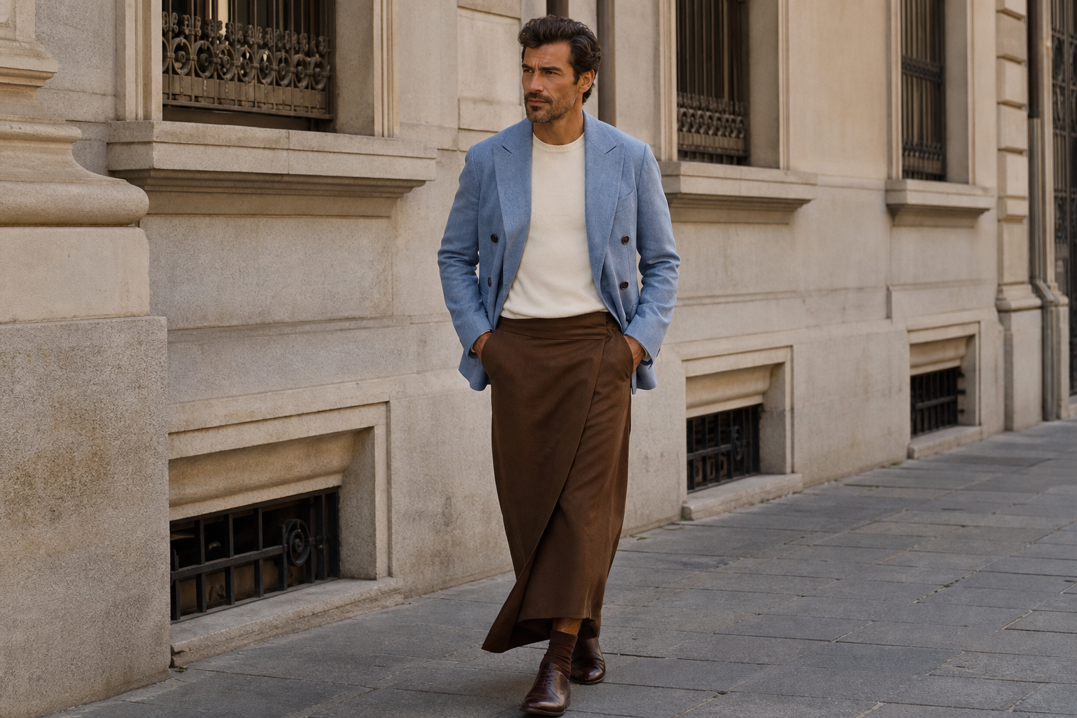 Uomo a Milano con giacca celeste e lunga gonna portafoglio color tabacco.