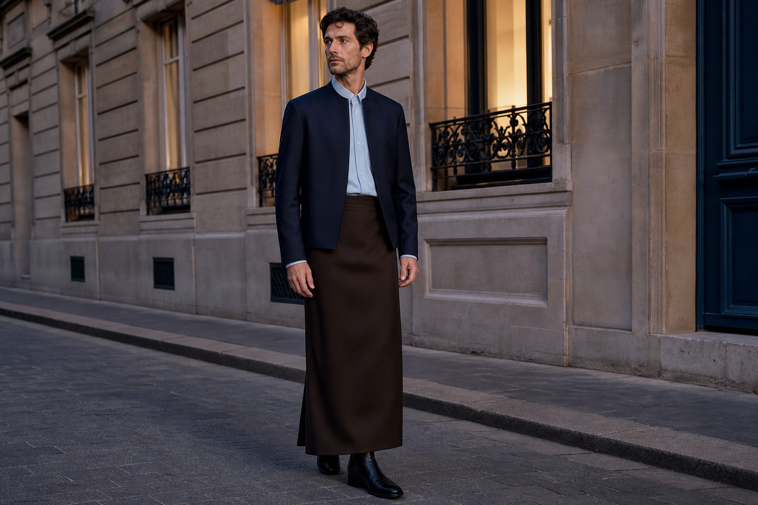 Uomo a Parigi con giacca blu notte e lunga gonna a colonna color espresso.