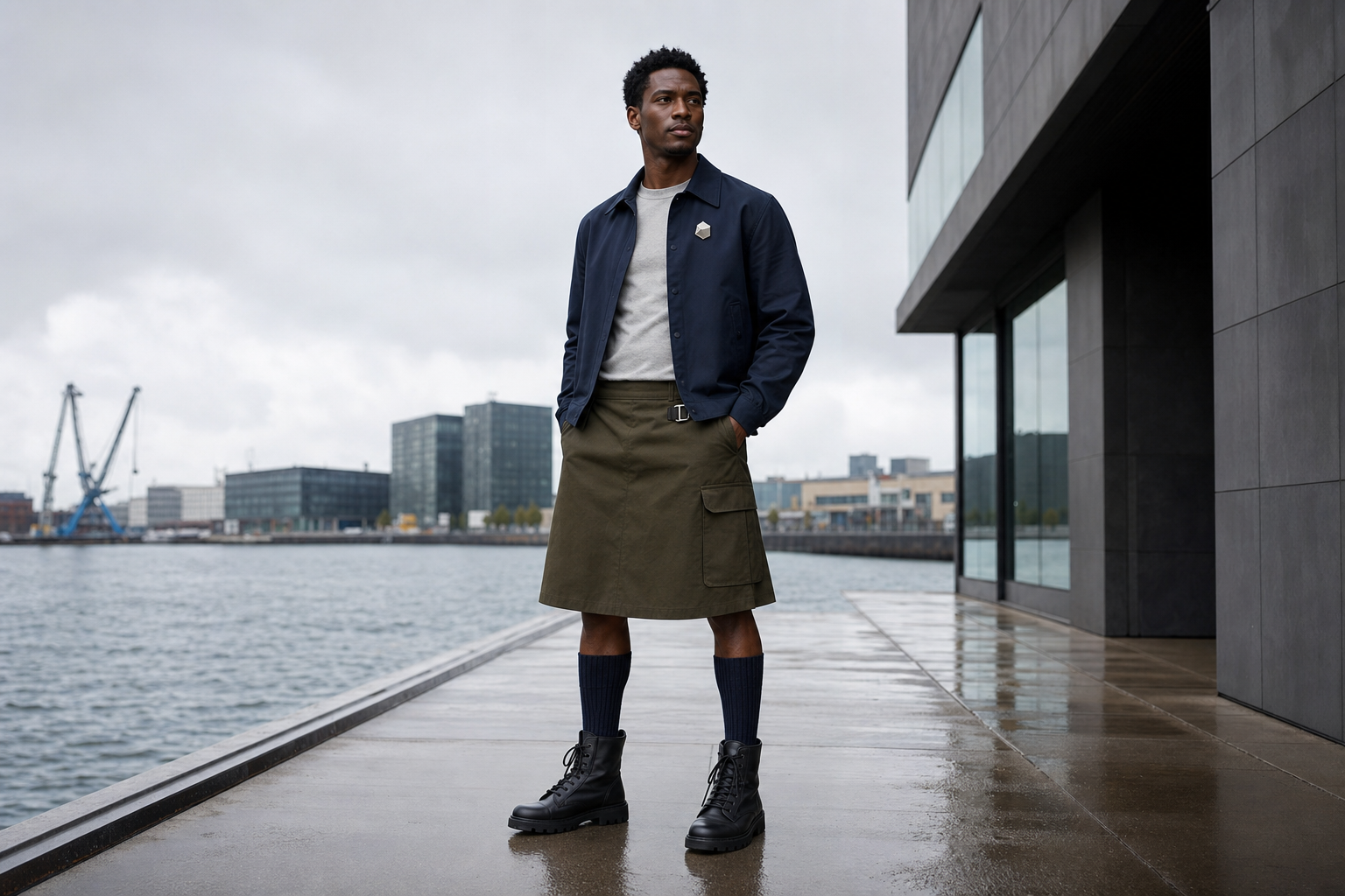 Man in Copenhagen with steel brooch, navy overshirt and near-knee olive utility kilt.