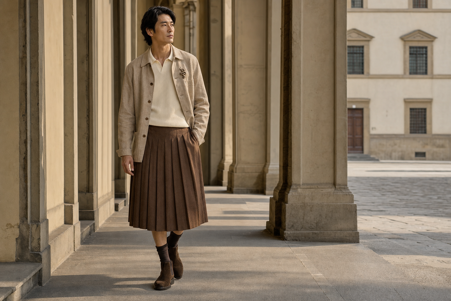 Man in Florence with bronze brooch, linen jacket and tobacco midi pleated skirt.