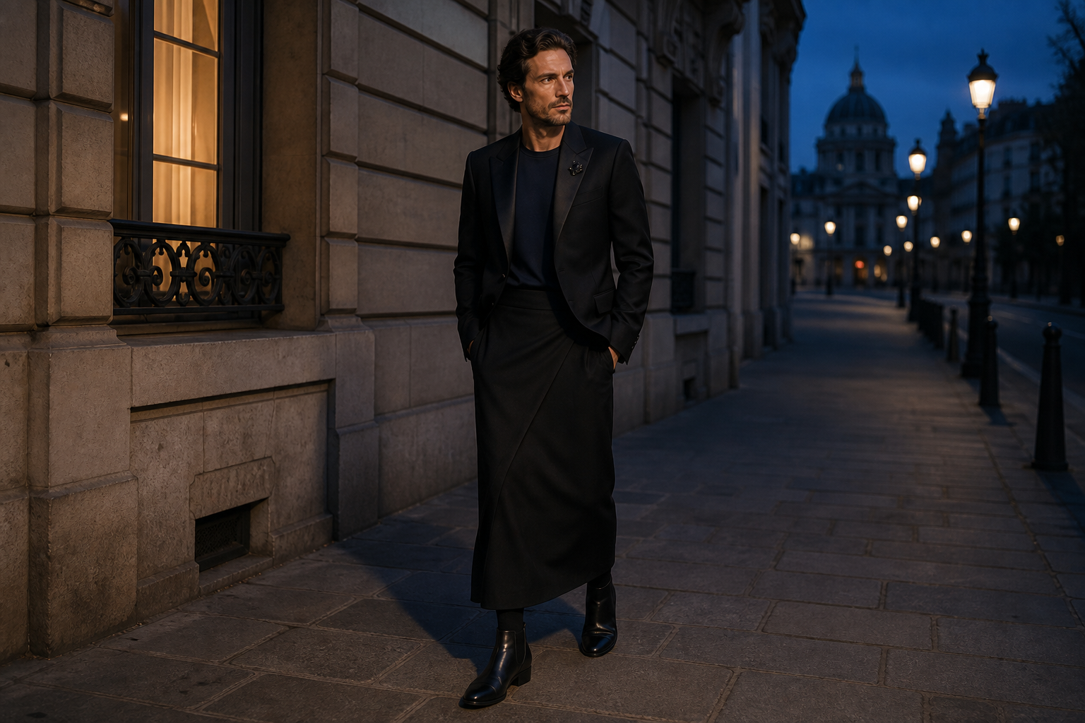 Man in Paris with black enamel brooch, dinner jacket and long black wrap skirt.