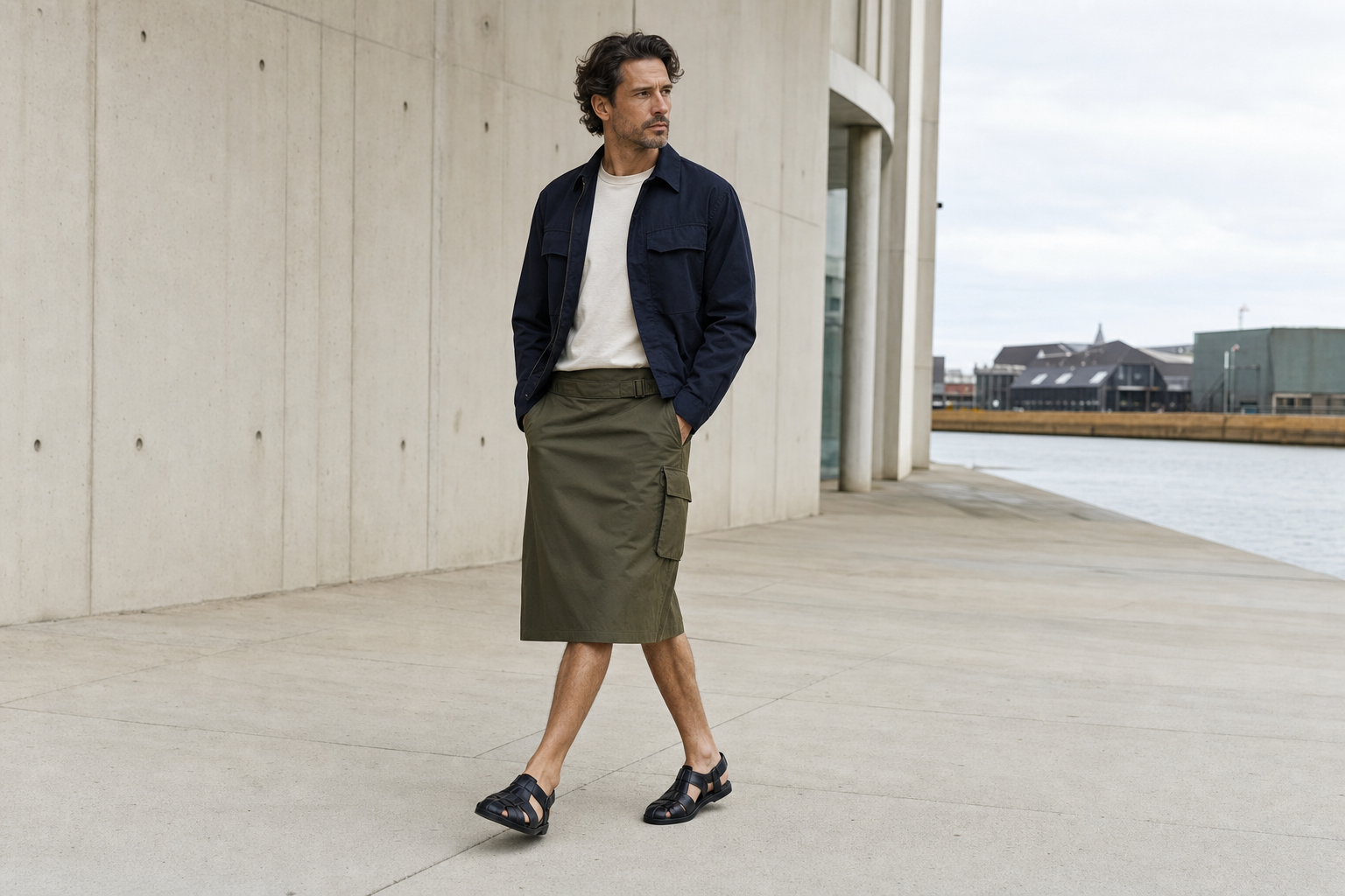 Man in Copenhagen wearing a navy overshirt, olive utility kilt and black leather sandals.
