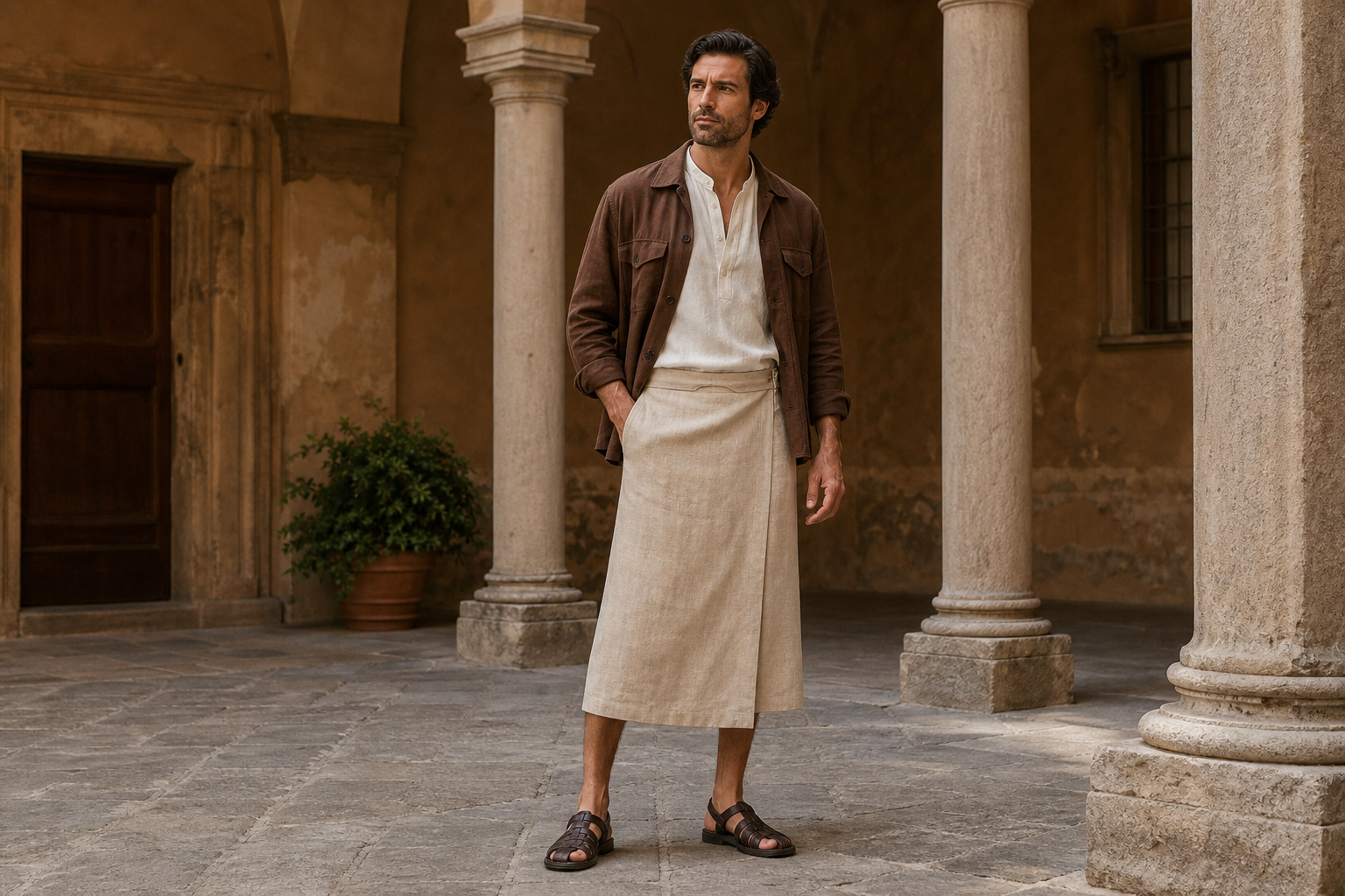 Man in Florence wearing a tobacco overshirt, sand midi wrap skirt and brown sandals.