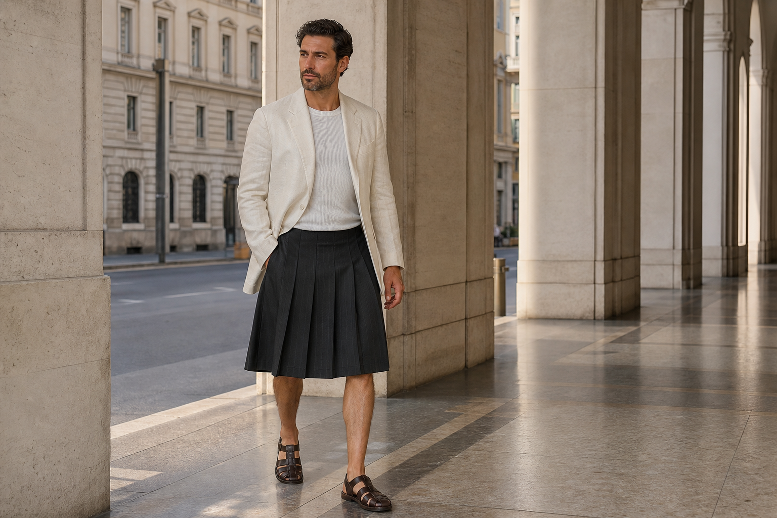 Man in Milan wearing an ivory blazer, knee-length charcoal pleated skirt and brown leather sandals.