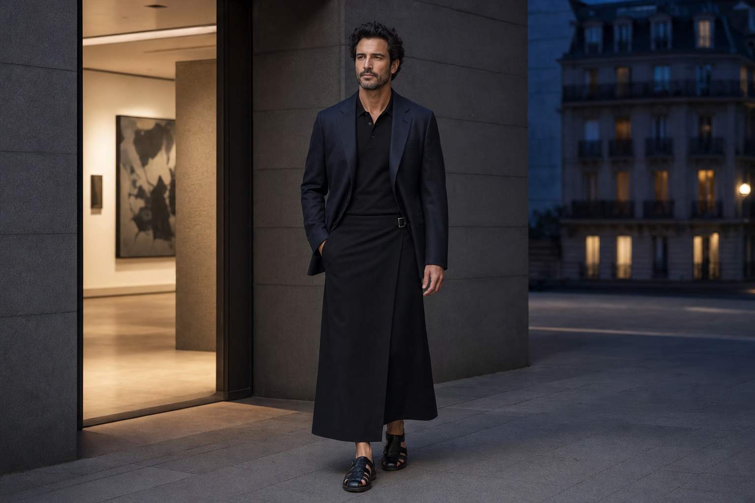 Man in Paris wearing a midnight jacket, long black men’s skirt and black sandals.