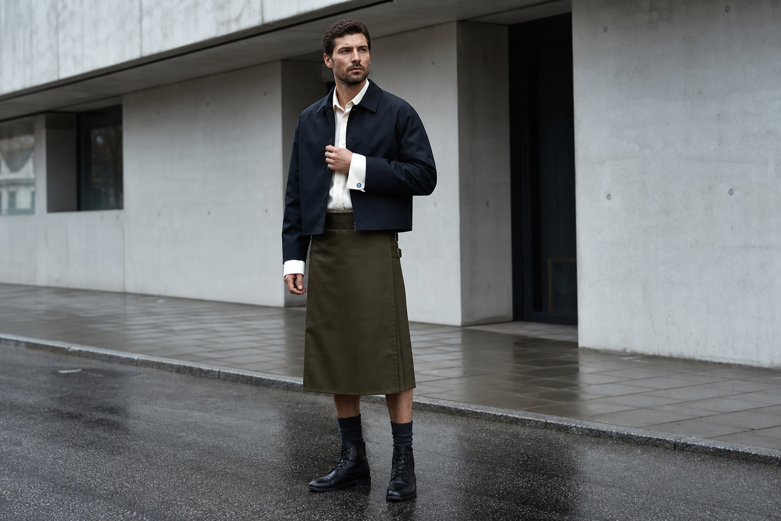 Uomo a Copenaghen con mac ink, polsino ecru visibile, utility kilt oliva e anfibi neri.