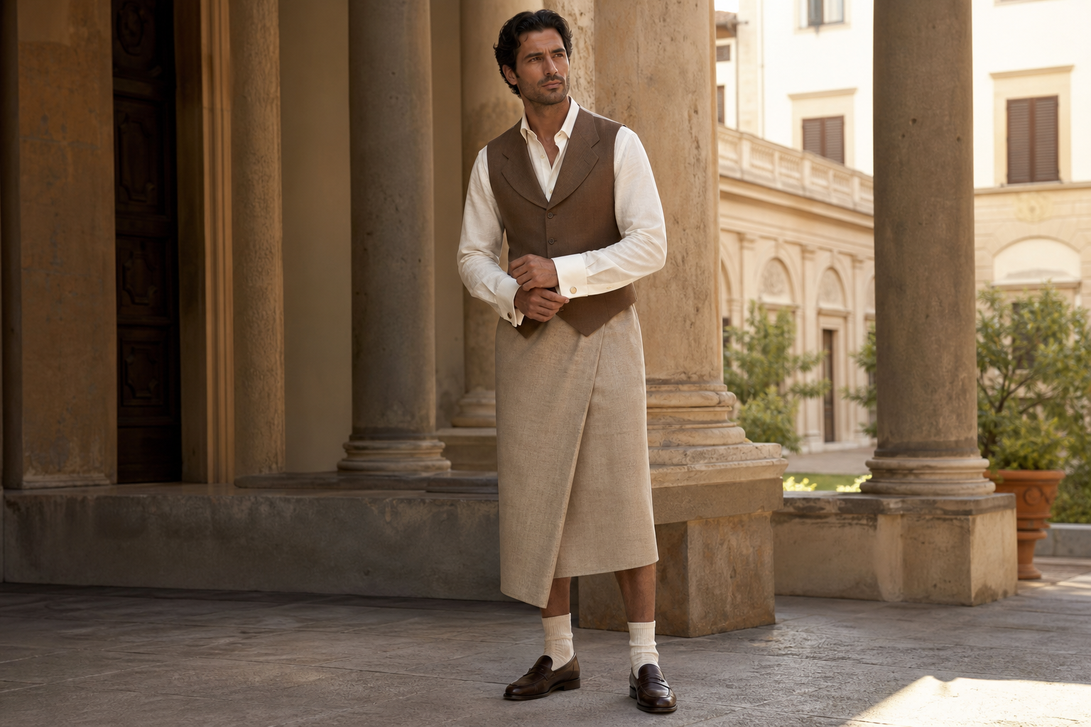 Uomo a Firenze con gilet tabacco, polsini avorio visibili e gonna wrap midi sabbia.