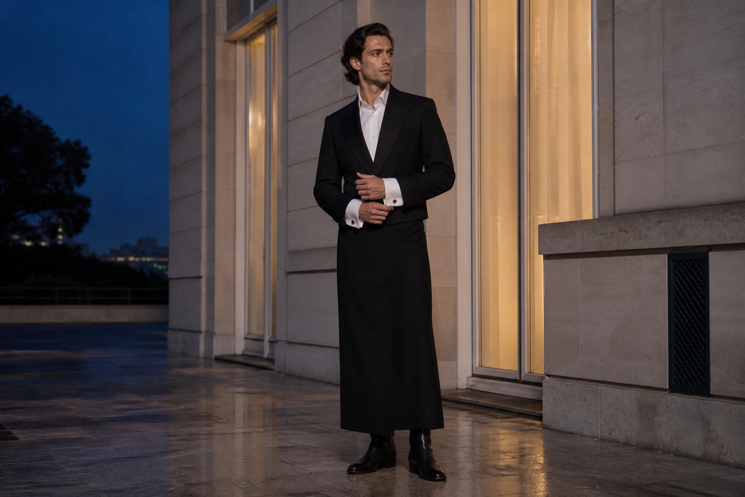 Uomo a Parigi con dinner jacket nero, polsini bianchi visibili e lunga gonna uomo nera.