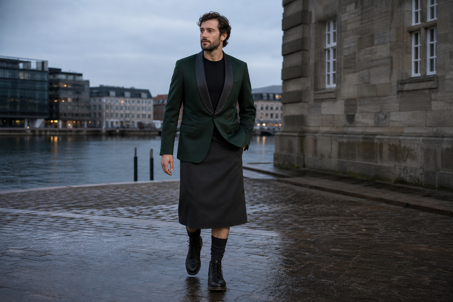 Homme à Copenhague portant une veste de smoking vert forêt, une maille noire et une jupe utility midi graphite.