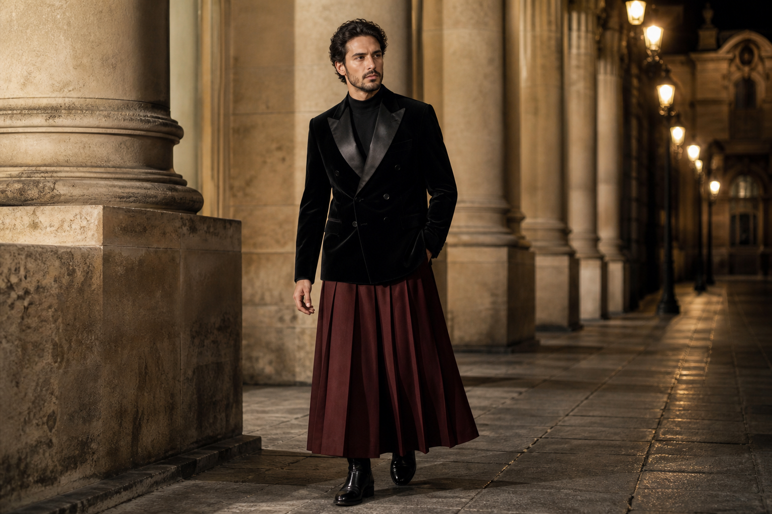 Homme à Paris portant un smoking noir en velours et une longue jupe homme plissée oxblood.
