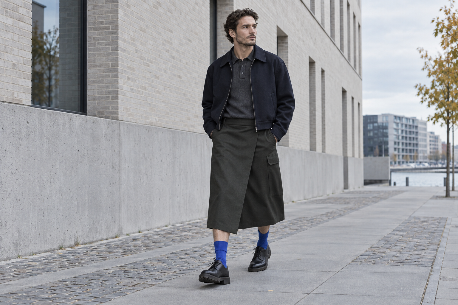 Mann in Kopenhagen mit olivschwarzem Utility-Wickelrock, kobaltblauen Strümpfen und schwarzen Profil-Derbys.