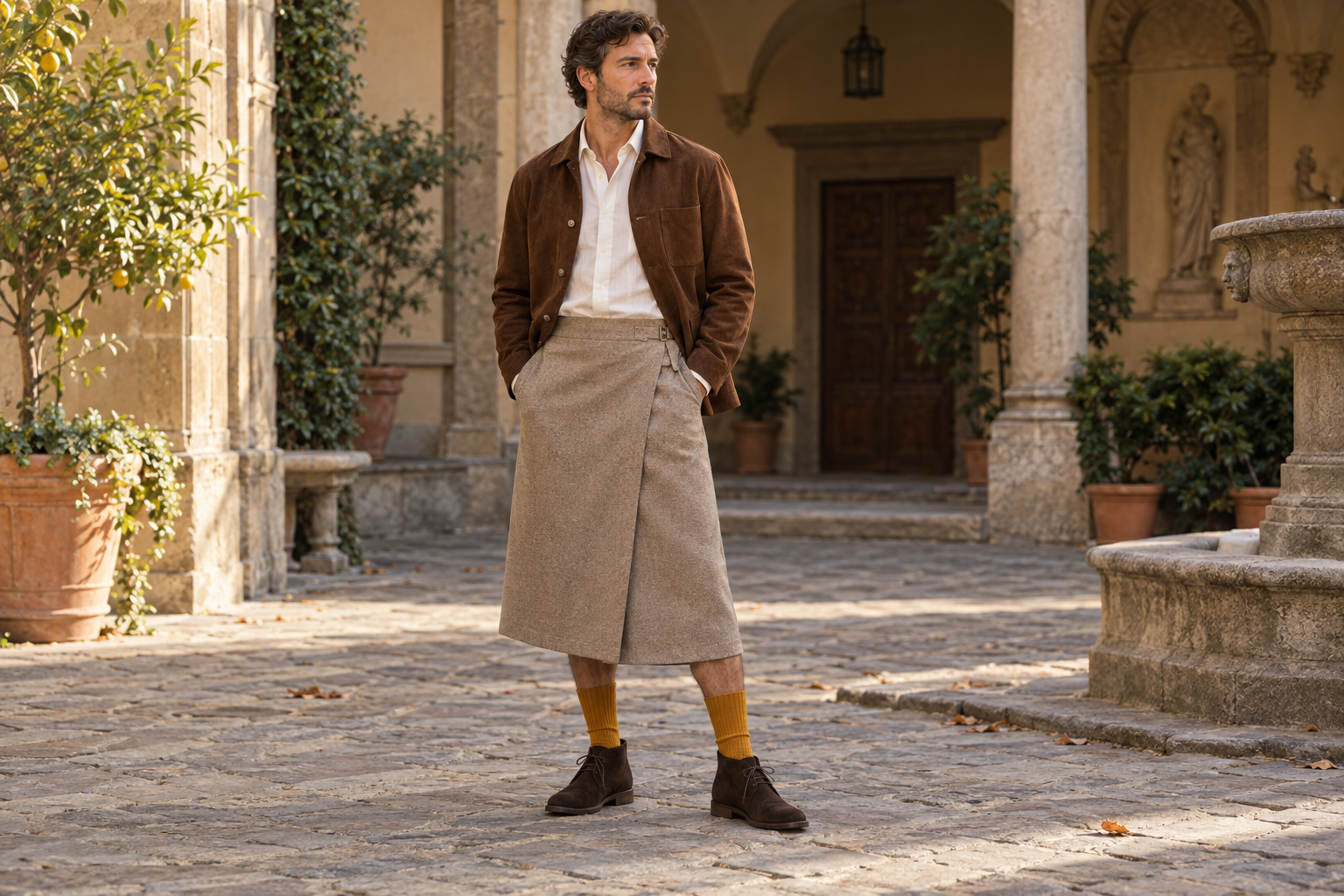 Mann in Florenz mit sandfarbenem Wickelrock, safranfarbenen Strümpfen und dunklen Veloursschuhen.