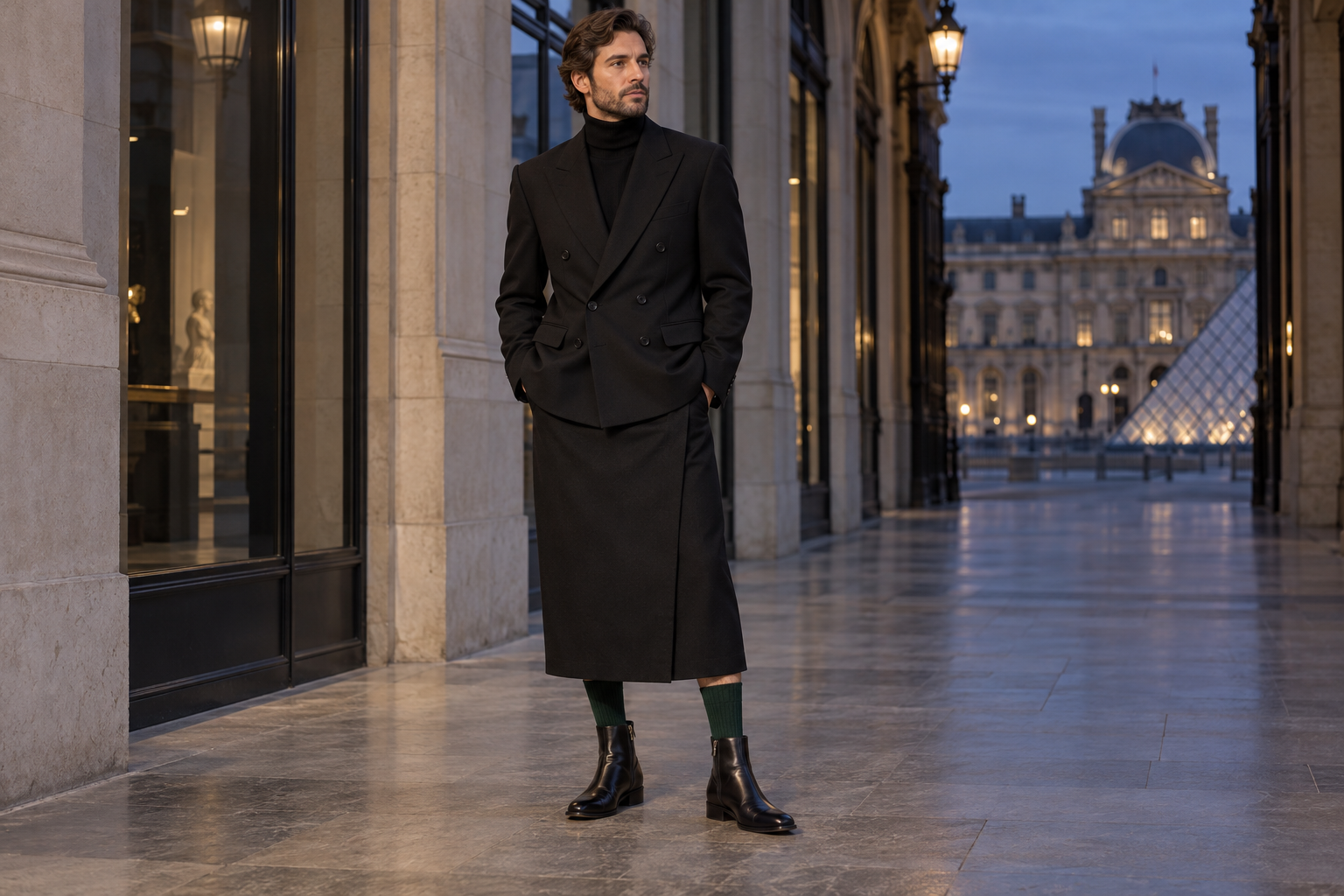 Mann in Paris mit langem schwarzem Herrenrock, smaragdgrünen Strümpfen und schwarzen Boots.