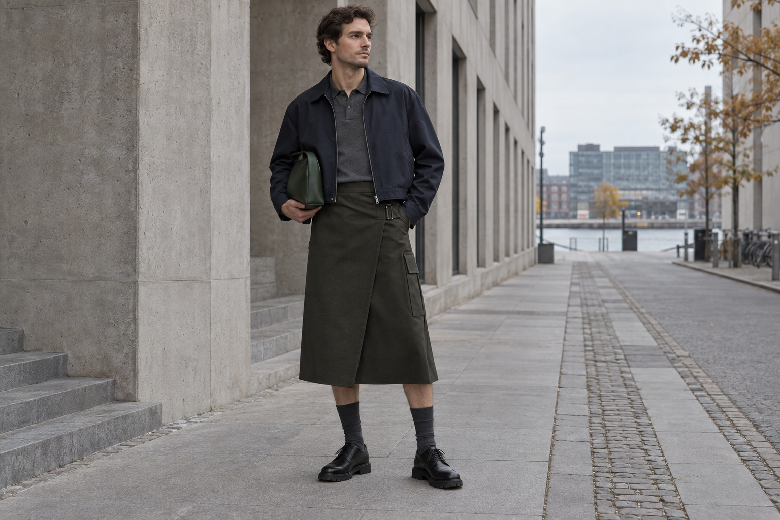 Uomo a Copenaghen con gonna wrap utility oliva-nero e borsa east-west verde bosco.