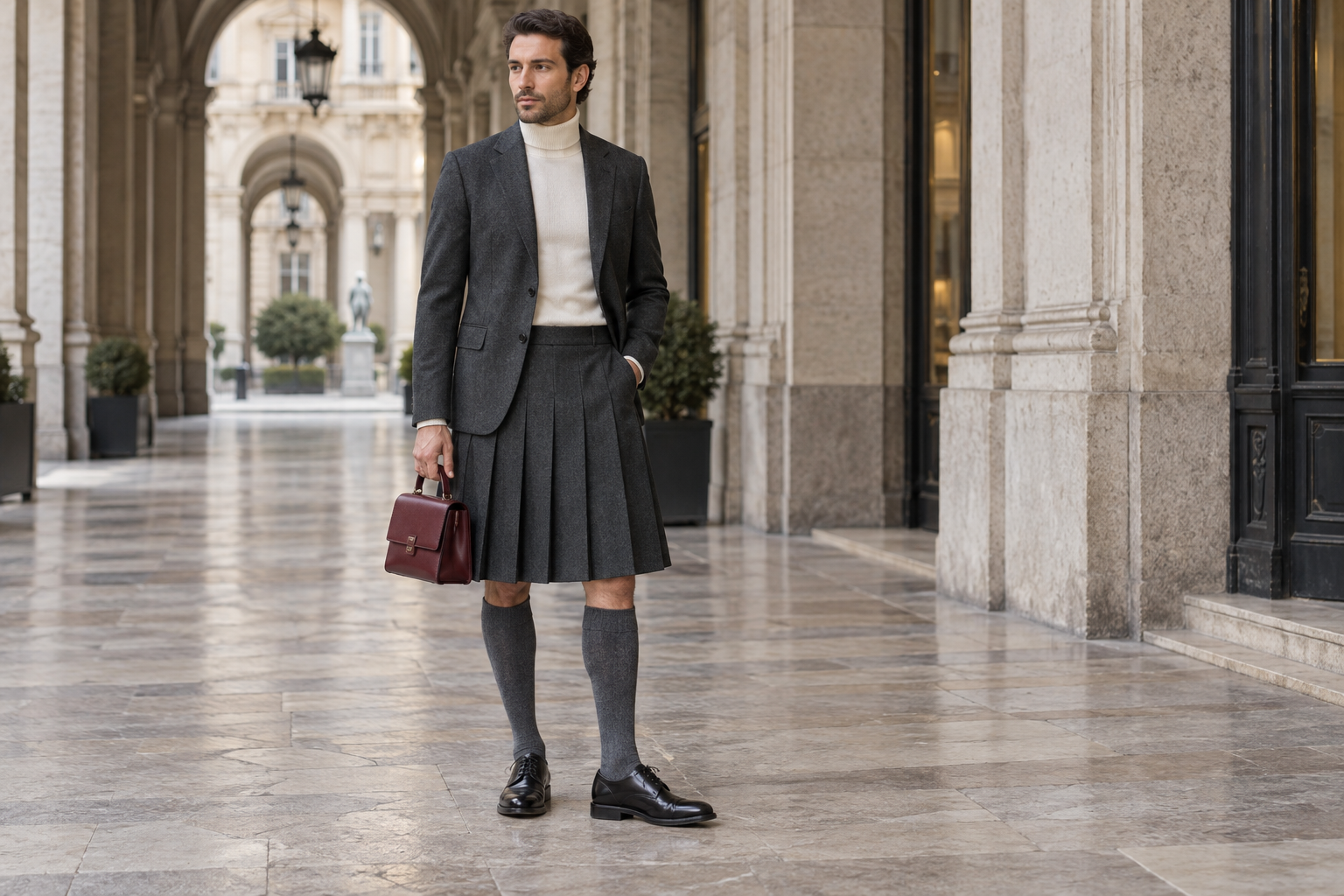 Uomo a Milano con gonna plissettata carbone e piccola borsa top handle bordeaux.