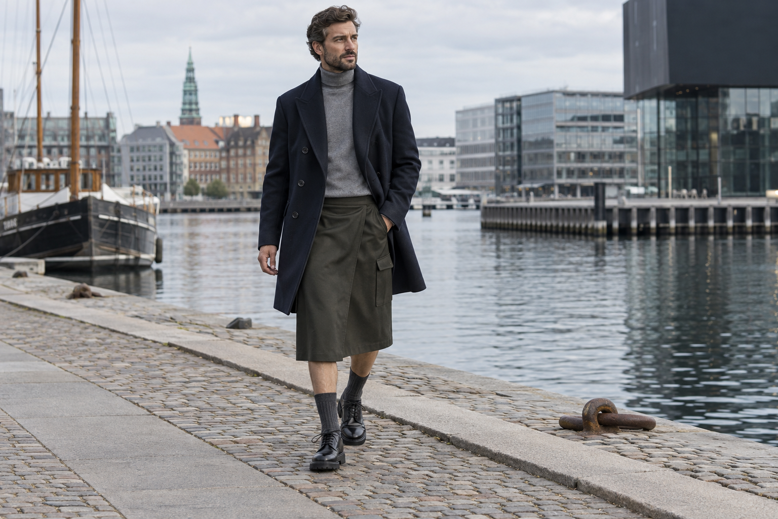 Mann in Kopenhagen mit langem Ink-Navy-Doppelreiher und olivschwarzem Utility-Wickelrock unter dem Knie.