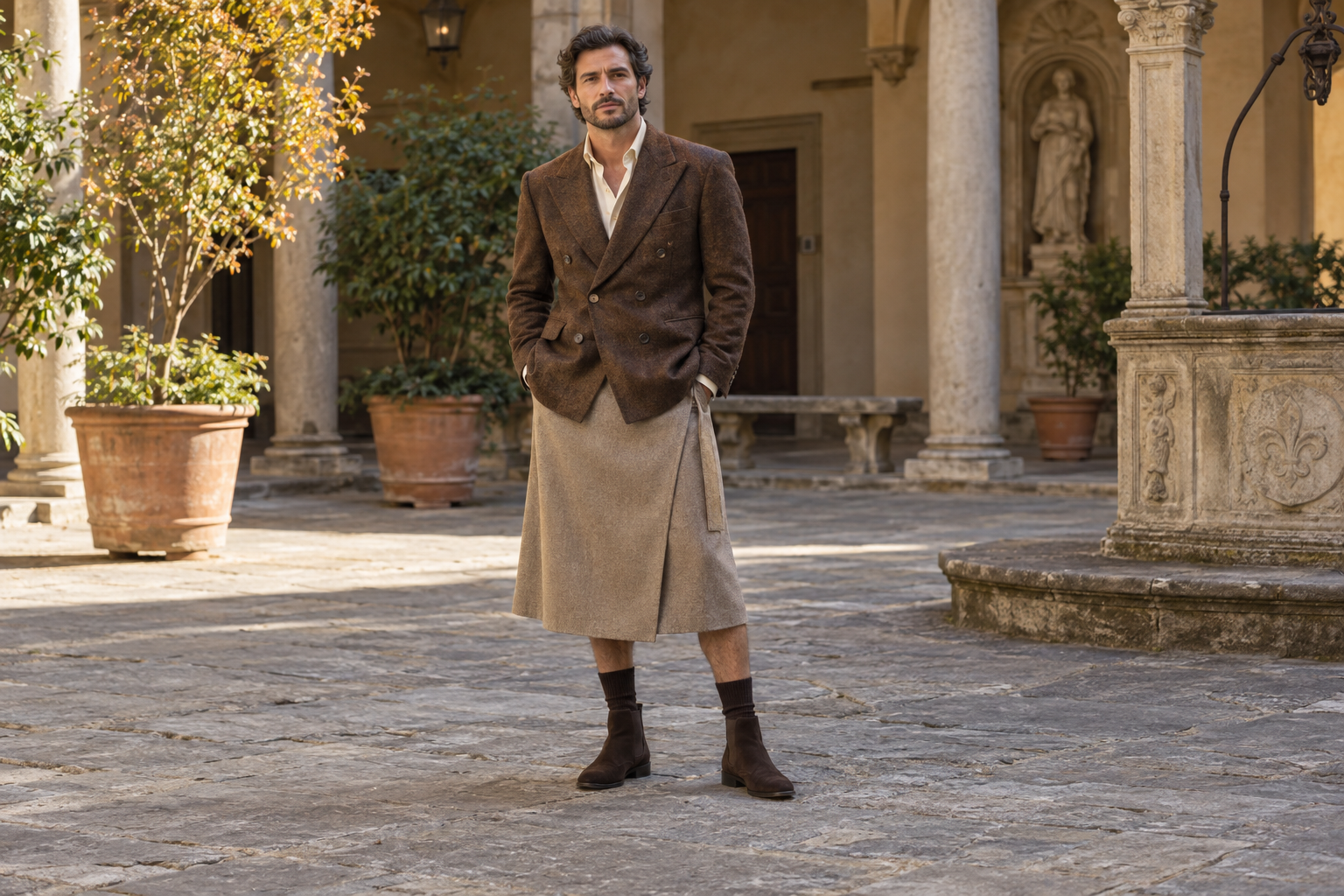 Mann in Florenz mit tabakfarbenem Doppelreiher und sandfarbenem Midi-Wickelrock für Herren.