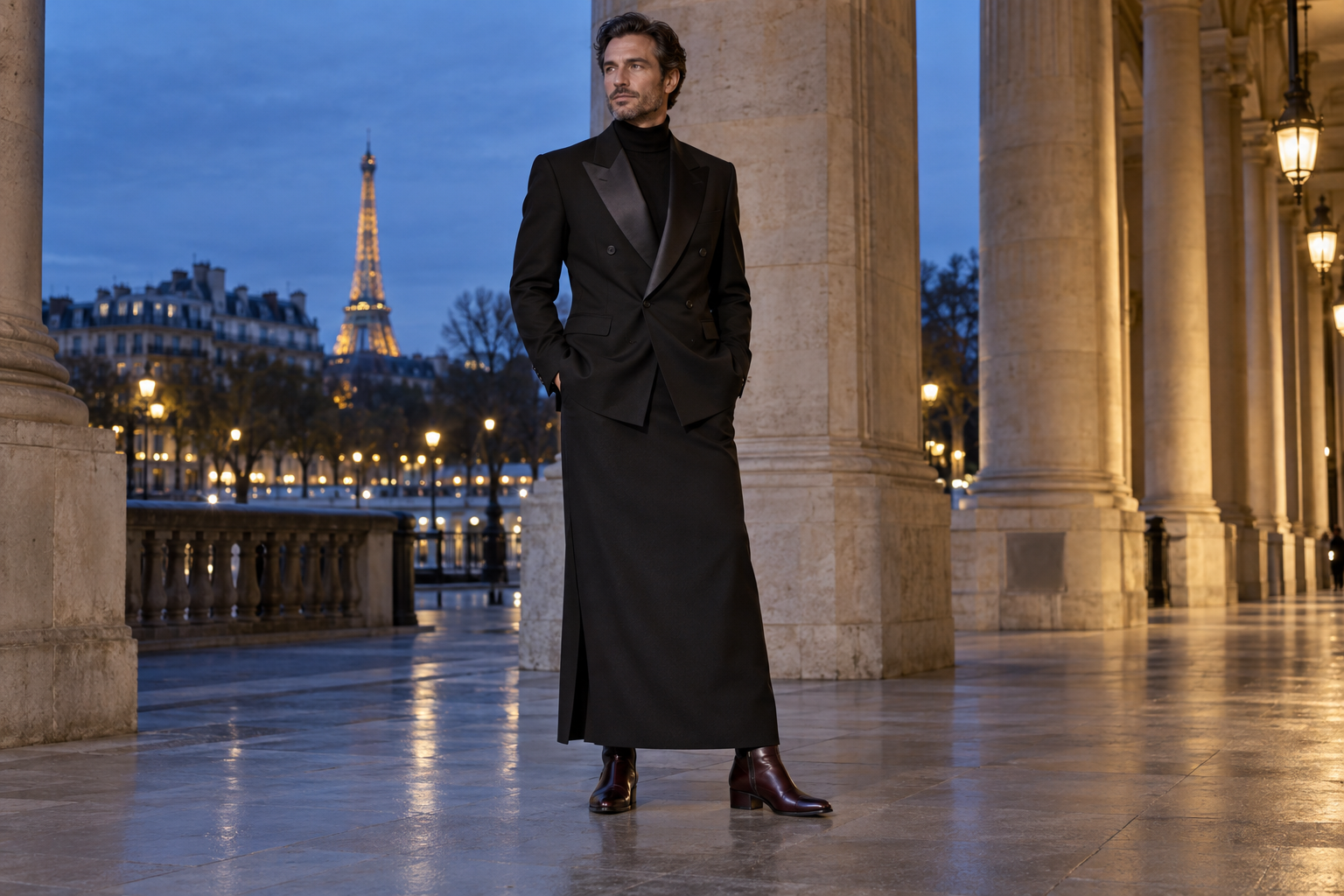 Mann in Paris mit schwarzem Abend-Doppelreiher und knöchellangem schwarzem Herren-Säulenrock.