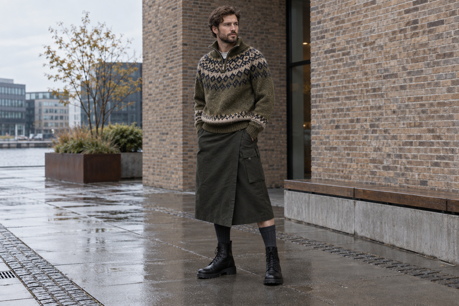Homme à Copenhague en demi-zip nordique et jupe portefeuille utility olive-noir sous le genou.