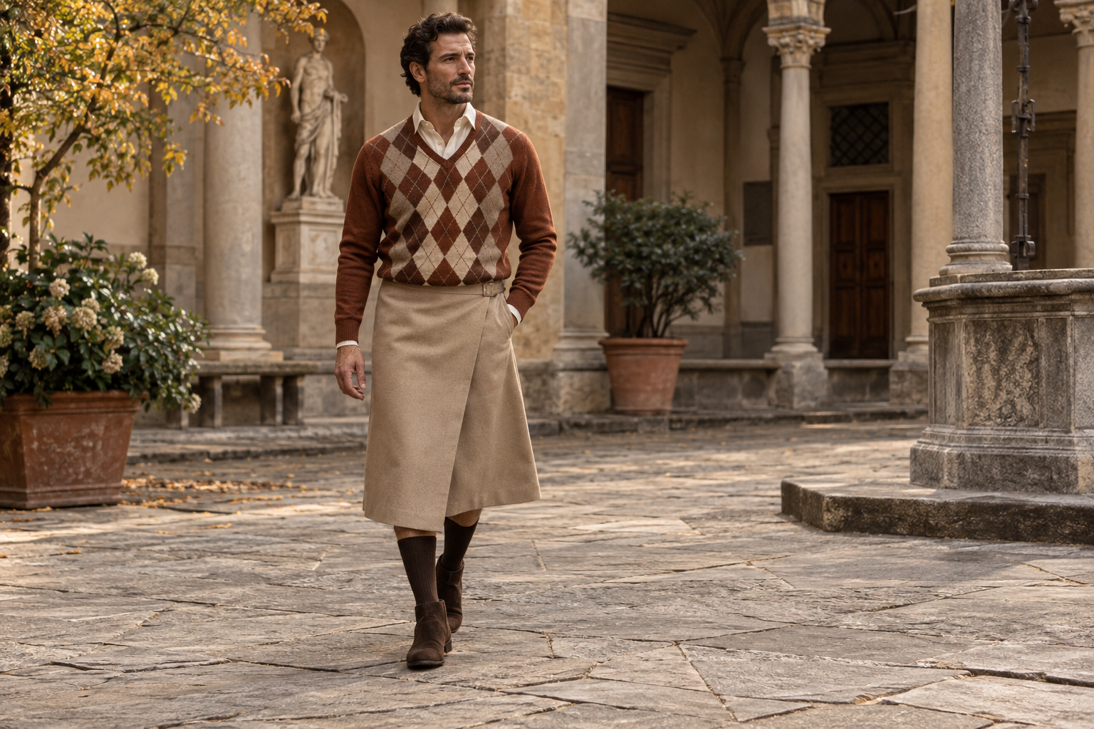 Homme à Florence en col V argyle et jupe homme portefeuille midi sable.