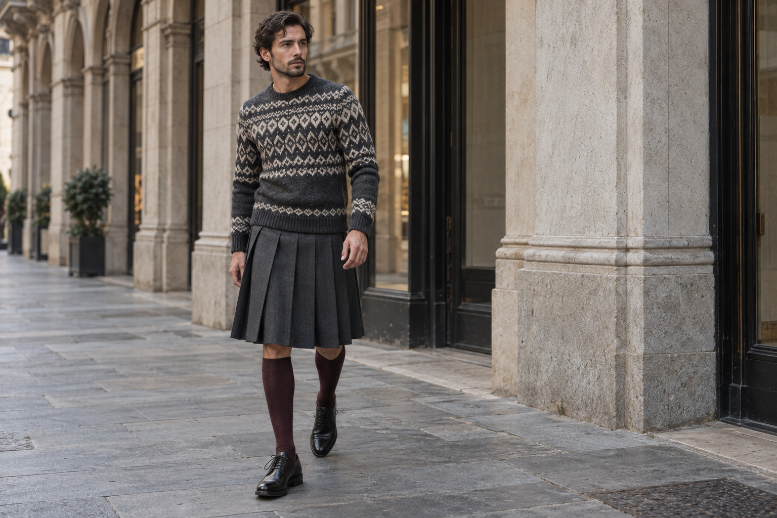 Homme à Milan en pull Fair Isle et jupe homme plissée graphite au genou.