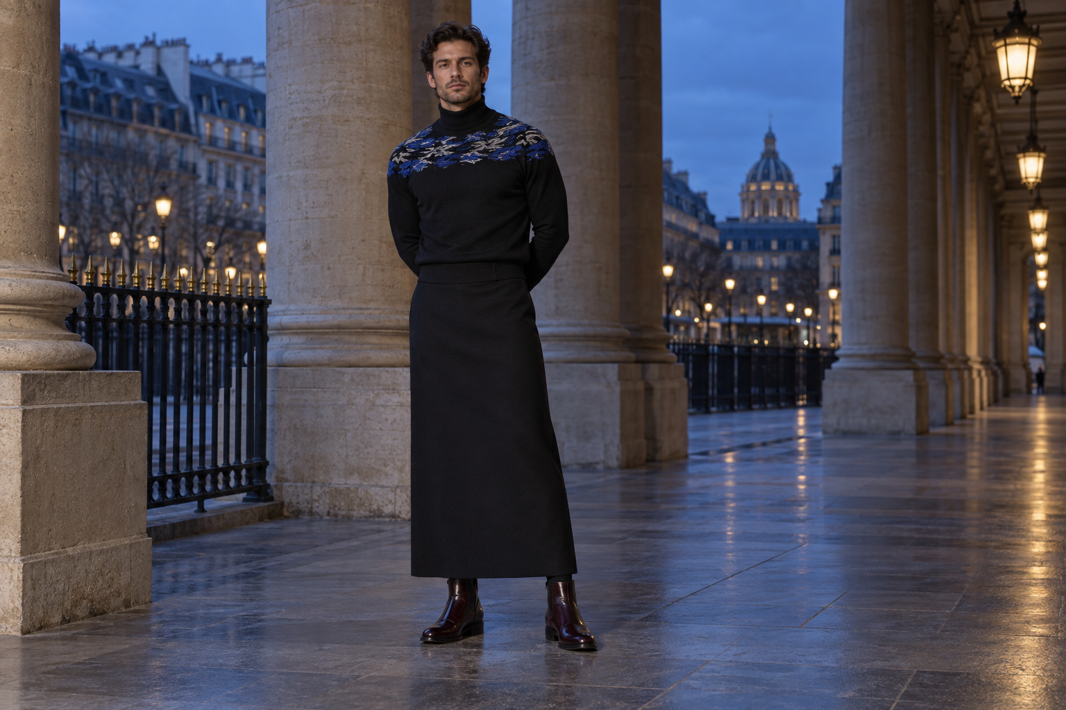 Homme à Paris en maille intarsia abstraite et jupe homme colonne noire à la cheville.