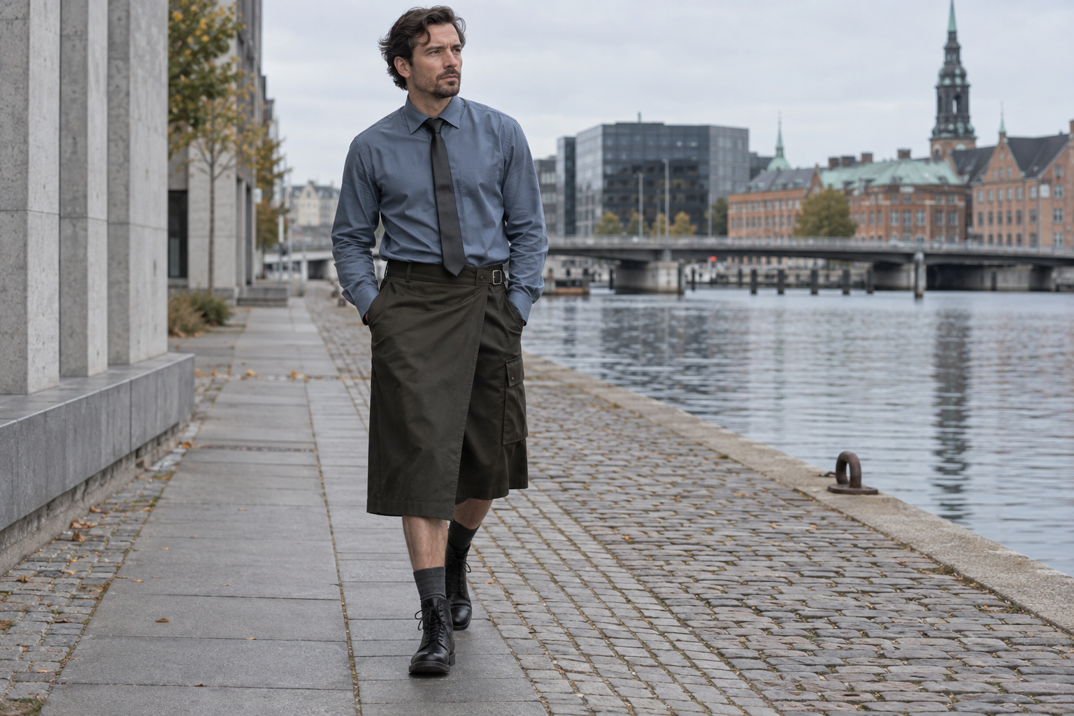 Uomo a Copenaghen con cravatta nera in pelle e gonna wrap utility oliva-nero sotto il ginocchio.